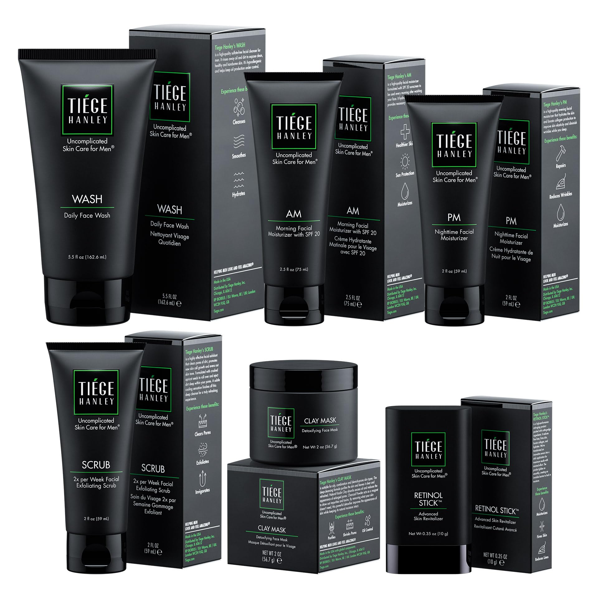 Tiege Hanley 90-Day Large Anti-Aging Skin Care Routine for Men Includes Face Wash Scrub, Moisturizers, Clay Mask, & Retinol Stick