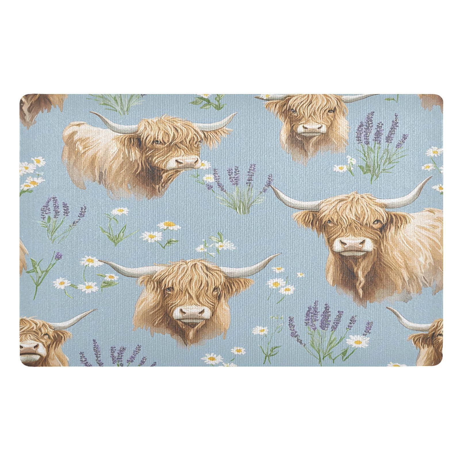 Tapis de cuisine vache Highland bleu lavande pour une ambiance déco campagne 50x80