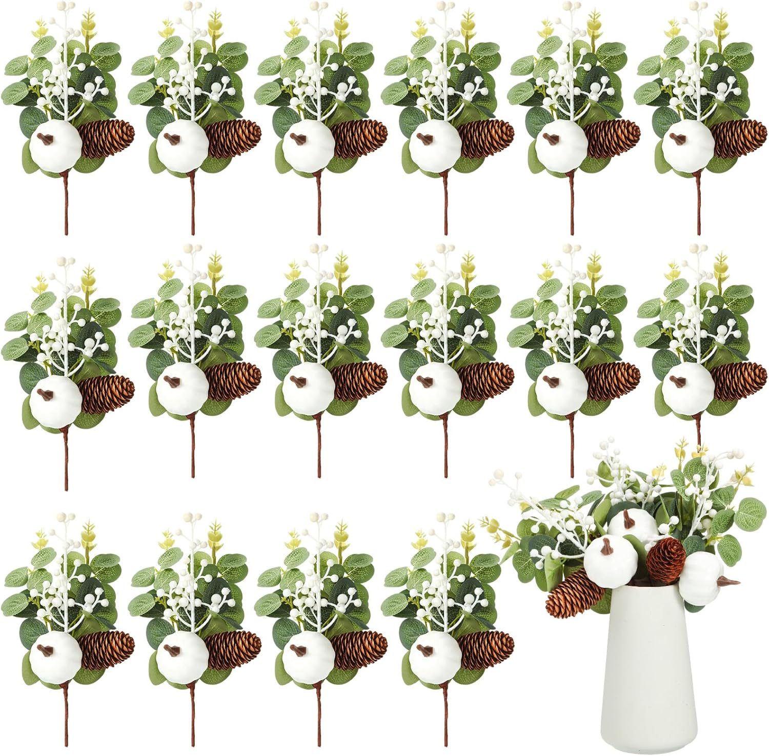 Cindeer 16 Pcs Fall White Pumpkin Picks Artificial Eucalyptus Leaves Stems Pinecones Berries 9 Inch Thanksgiving Day Flower Arrangements for Christmas Wedding Crafts Home Table Centerpiece Decoration
