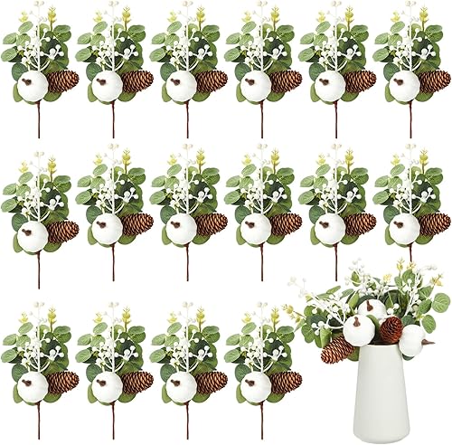 Cindeer 16 piezas de palillos de calabaza blanca de otoño, hojas de eucalipto artificiales, tallos de piñas y bayas de 9 pulgadas, arreglos florales