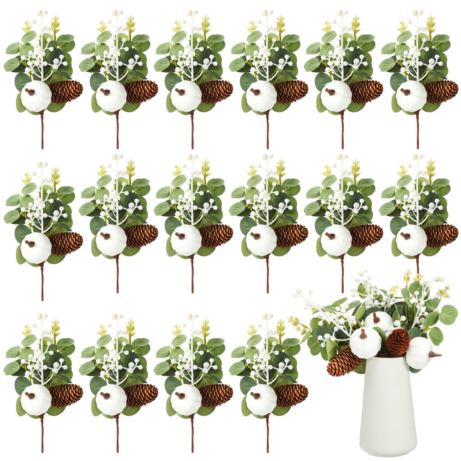 Cindeer 16 Pcs Fall White Pumpkin Picks Artificial Eucalyptus Leaves Stems Pinecones Berries 9 Inch Thanksgiving Day Flower Arrangements for Christmas Wedding Crafts Home Table Centerpiece Decoration