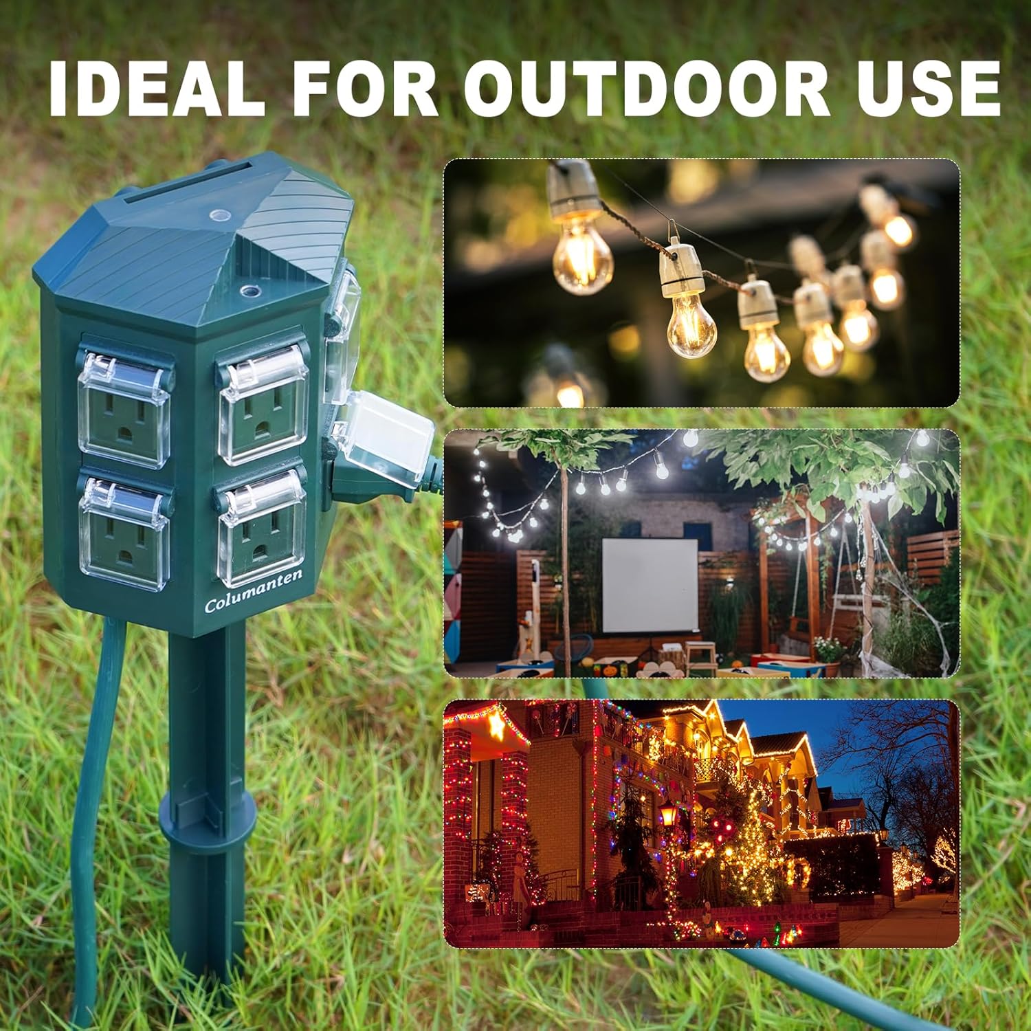 Outdoor Power Stake, 25ft Extension Cord Waterproof, Outdoor Power Strip with Waterproof Covers, 6 Grounded Outlets for Halloween and Christmas Lights, 15A/1875W, ETL Listed