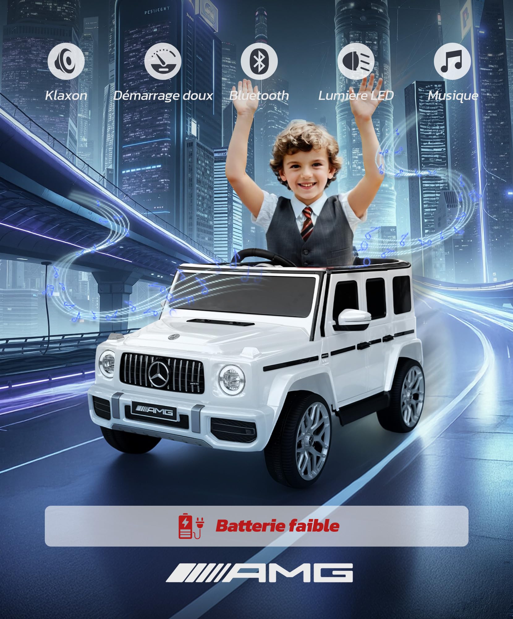 ELEMARA Voiture Électrique Enfant Mercedes Benz AMG G63,Voiture pour Enfant avec télécommande parentale,Camion électrique à Conduite,Suspension Ressort,Lumière Clignotante/LED,Bluetooth,Musique,Blanc