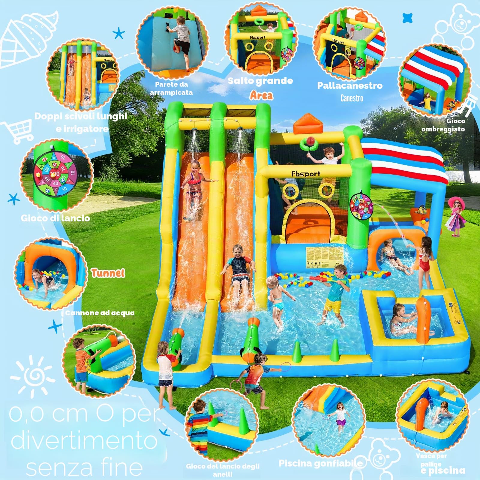 Castello Gonfiabile Grande con 2 Scivoli d’Acqua per Bambini, Parco Acquatico con Trampolino, Piscina, Canestro da Basket, Parete da Arrampicata, per Interno ed Esterno 445x403x200 cm