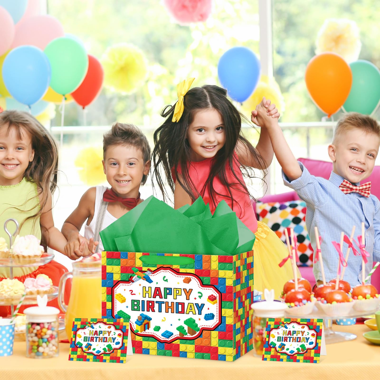 Abilat Building Blocks Birthday Gift Bag with Tissue Paper and Greeting Card Large Happy Birthday Gift Wrapping Bag for Kids Boys Girls Bricks Theme Party Decorations Supplies