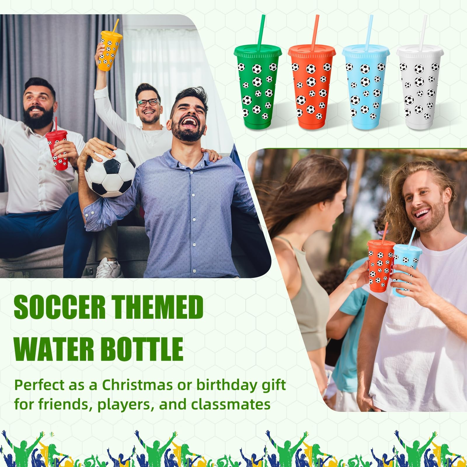 MSYU 20 vasos de plástico de fútbol con tapa y pajita, taza de regalo de Navidad, taza de 710 ml, vasos de plástico reutilizables para amantes del fútbol, hombres y mujeres, suministros de regalo de