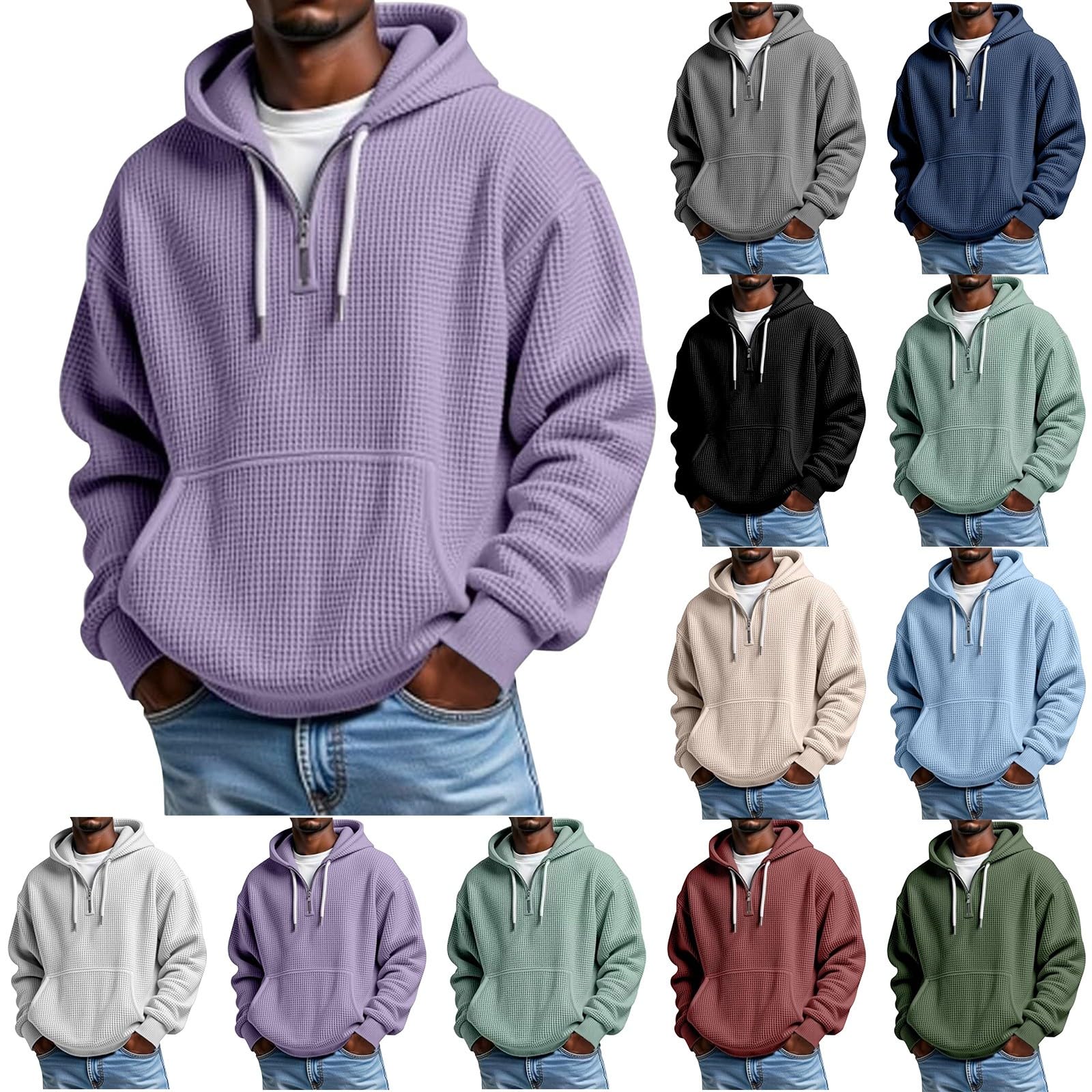 Mens Hoodies Pullover Quarter Zip Casaul Long Sleeve Drawstring Waffle Knit Hooded Sweatshirt with Pocket