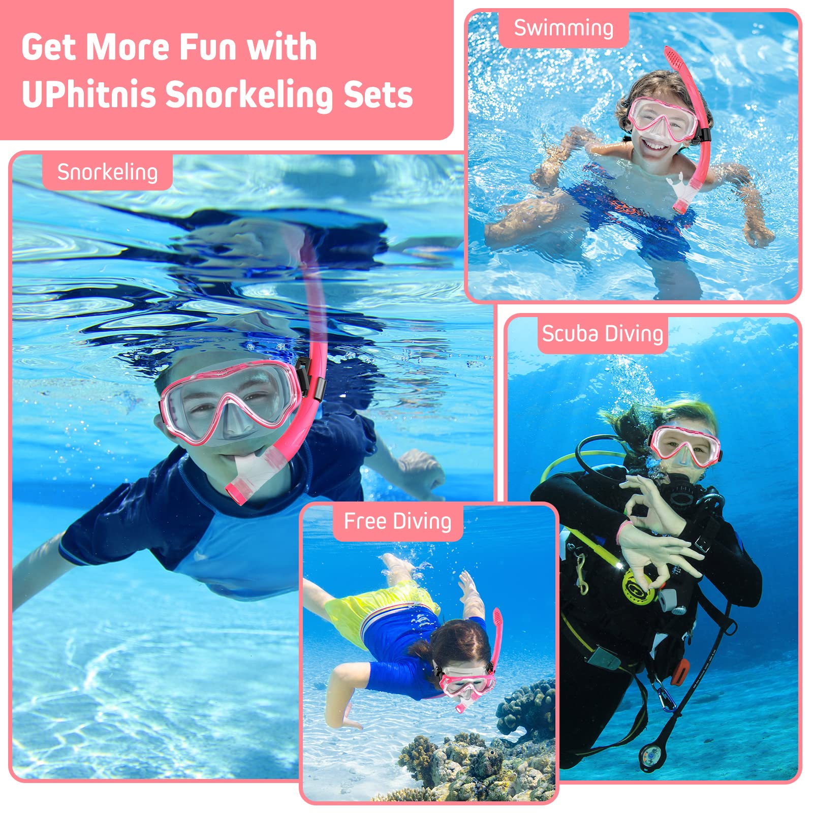 UPhitnis Schnorchelset Kinder mit Flossen,Anti-Fog 180°Panorama Taucherbrille Kinder, Verstellbaren Schwimmflossen und Premium Dry Schnorchel,3 in 1 Schnorcheln Set für Kinder mit Tragetasche