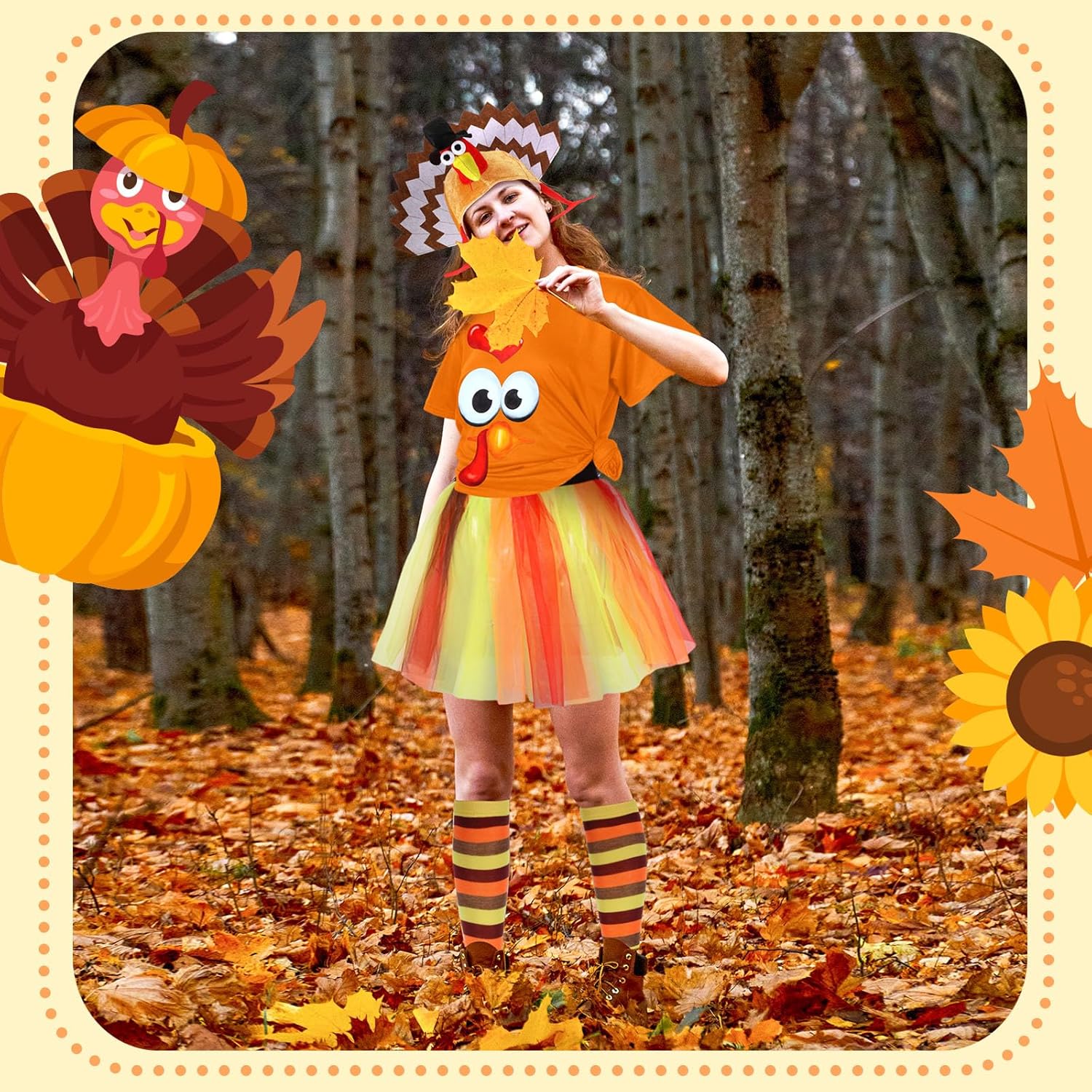 HooLing 4 Pcs Thanksgiving Turkey Costumes Set for Women Turkey Face T Shirt Tutu Skirt Knee High Socks Gobbler Hats