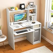 IFANNY White Computer Desk with Hutch, Wood PC Desk w/Keyboard Tray and CPU Stand, Modern Writing Desk with Bookshelf, Student Desk for Bedroom, Simple Work Desk for Home Office
