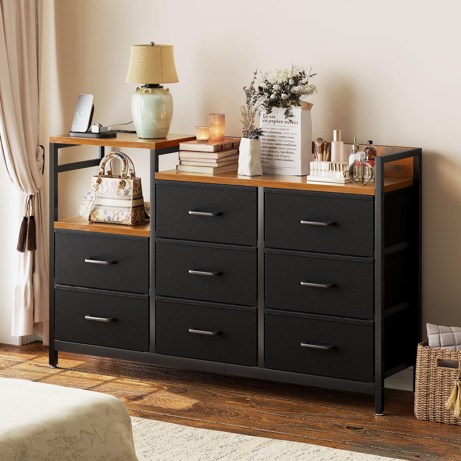 Casaottima Dresser for Bedroom with Charging Station, 52" Long Dresser with 8 Storage Drawers, Large Fabric Dressers Chests of Drawers with Shelves, Black and Vintage
