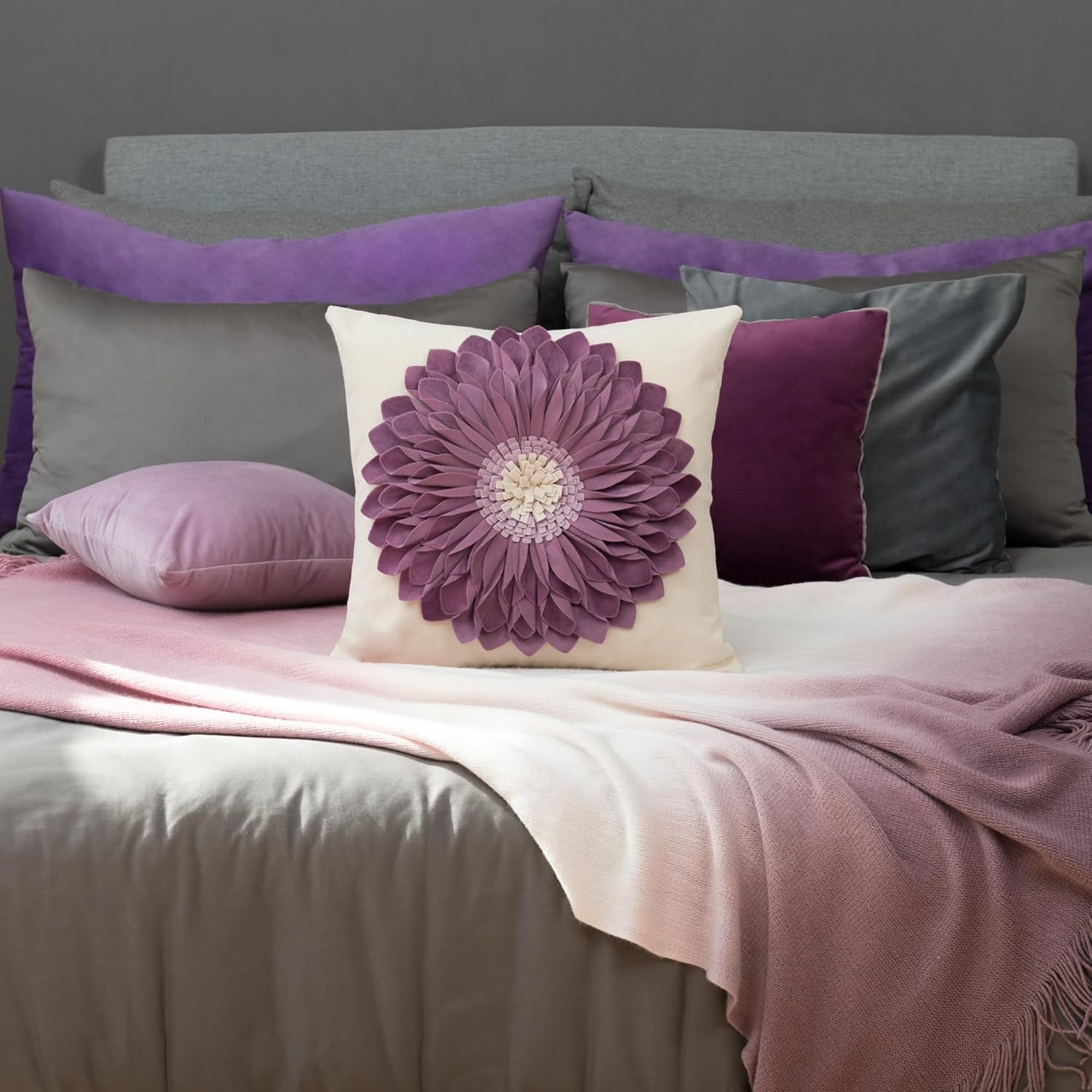 Decorative Throw Pillow Covers 18x18 Inches 3D Flower Cushion Cases Handmade Square Pillowcases for Couch Bed Living Room Home Decor Purple - Image 8