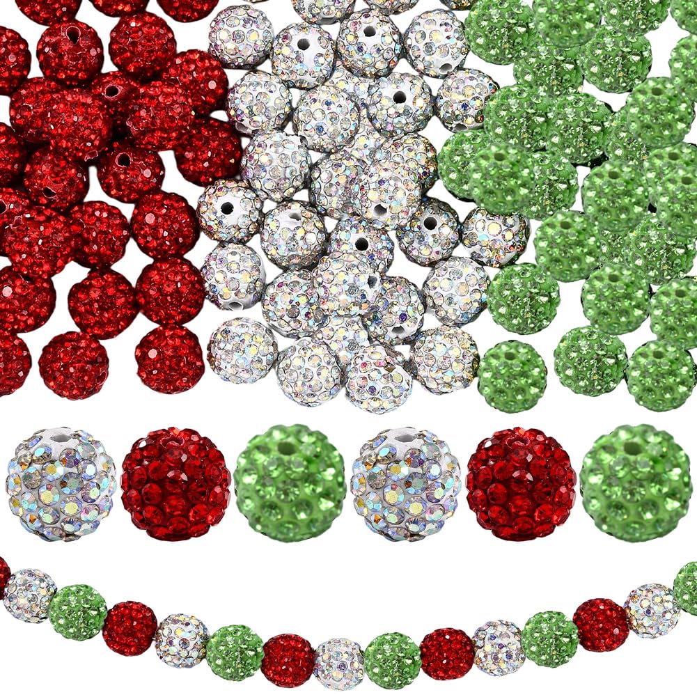 PONABEADIY 1 Box 3 Styles 90PCS Christmas Rhinestone Beads with Hole Disco Ball Polymer Clay Bubblegum Chunky Round Sparkle Bling Red Green Silver Loose Bead for Jewellery Making Bracelet Diy Craft