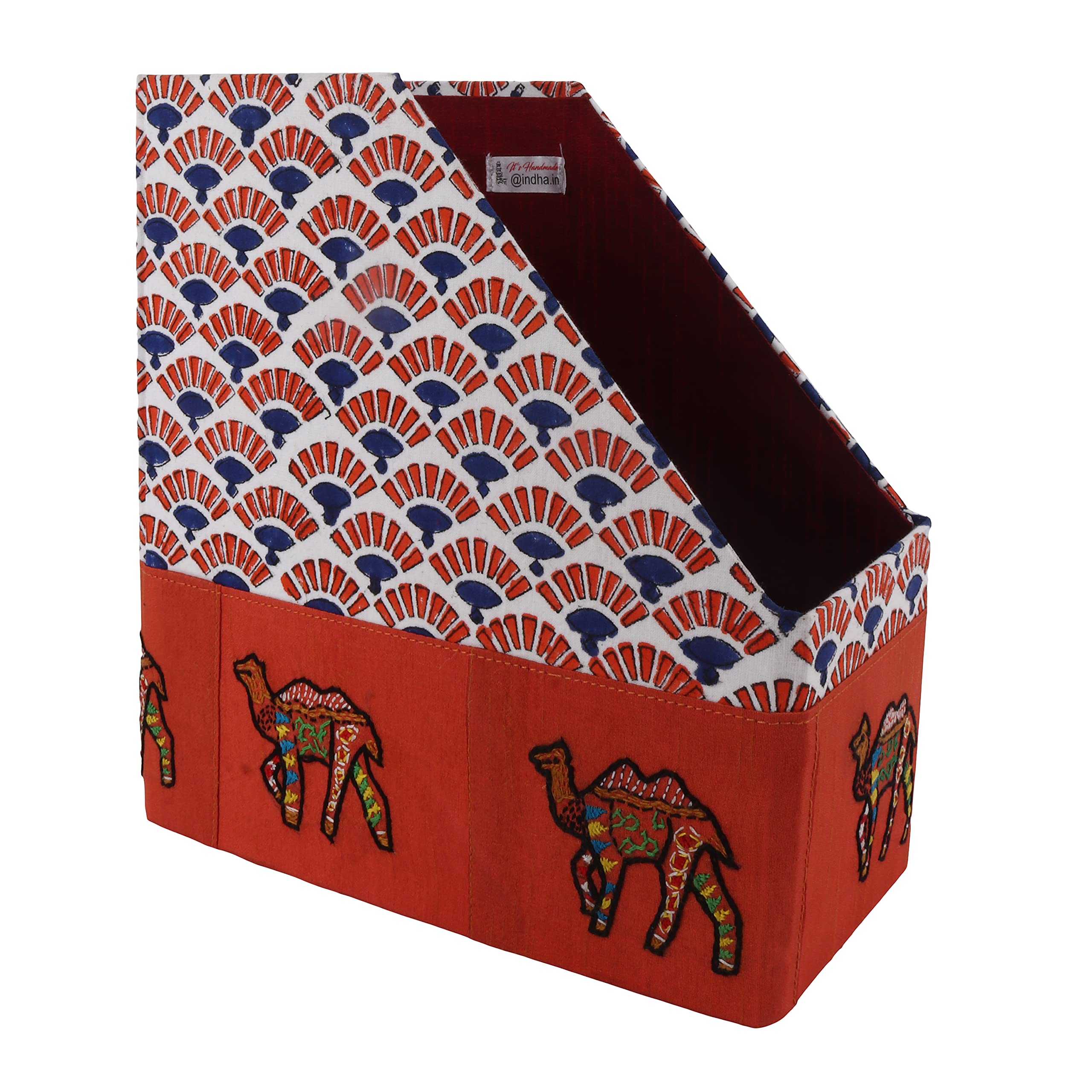 INDHA Hand-Crafted and Special Handmade Magazine Holder with Rajasthani Block Print and Camel Embroidery on Silk. (Camel Embroidery on Silk)-picture-21