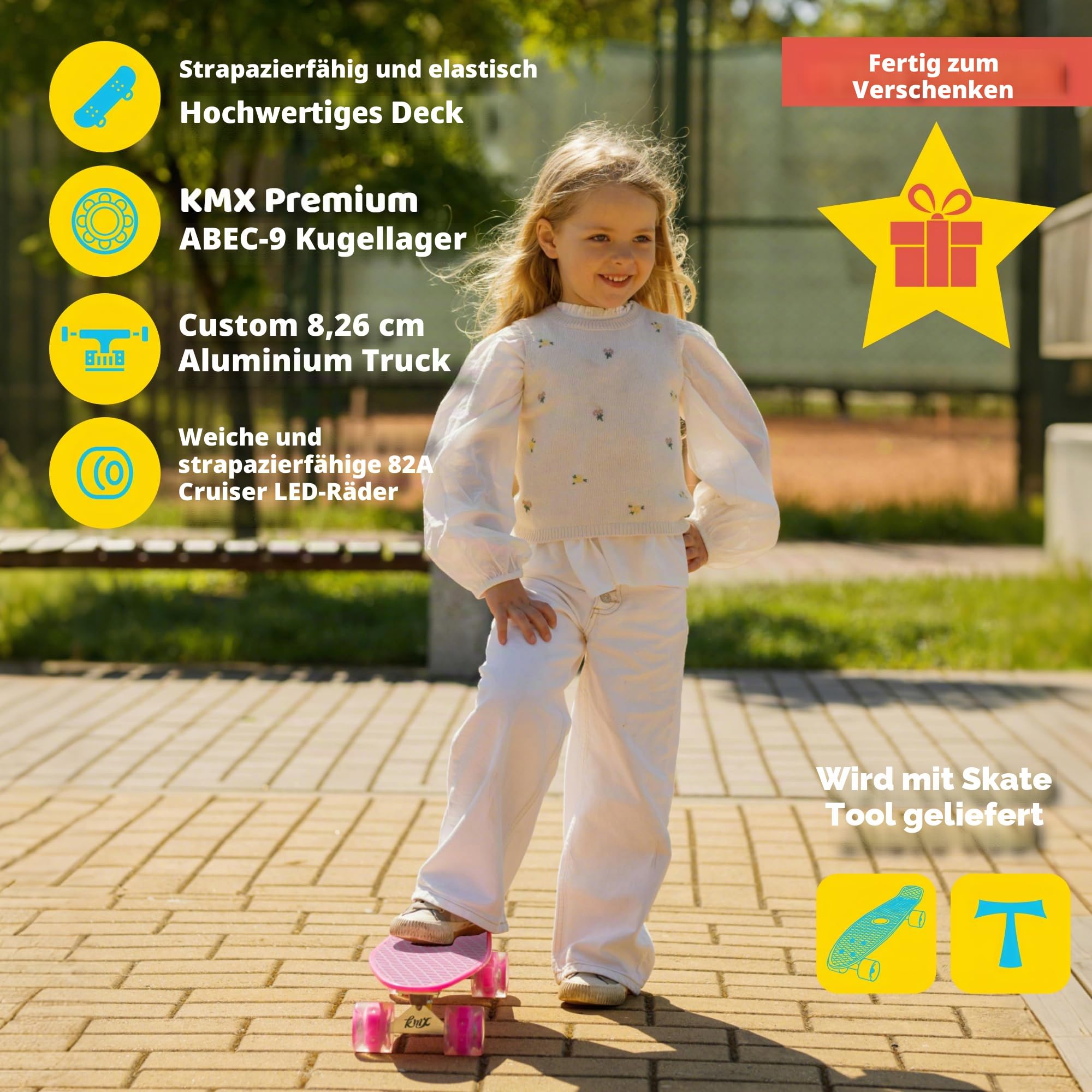 KMX 22 und 27 Zoll Classic Mini Cruiser Skateboard für Kinder, Schüler, Erwachsene, Anfänger & Pro. Alu Achsen, ABEC-9 Lage, Große 60mm Rollen