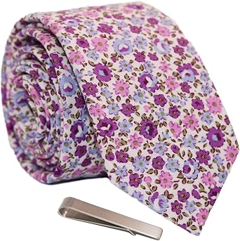 Mens Skinny Tie Floral Cotton Necktie and Tie Bar Clip Sets, Great for Weddings,Groom,Groomsmen