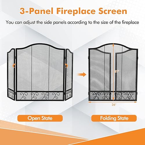 Miniatura 5 de IRONMAX Pantalla para chimenea, plegable, 3 paneles, decorativa, para chimenea de leña, moderna, de malla metálica plana, protección contra chispas