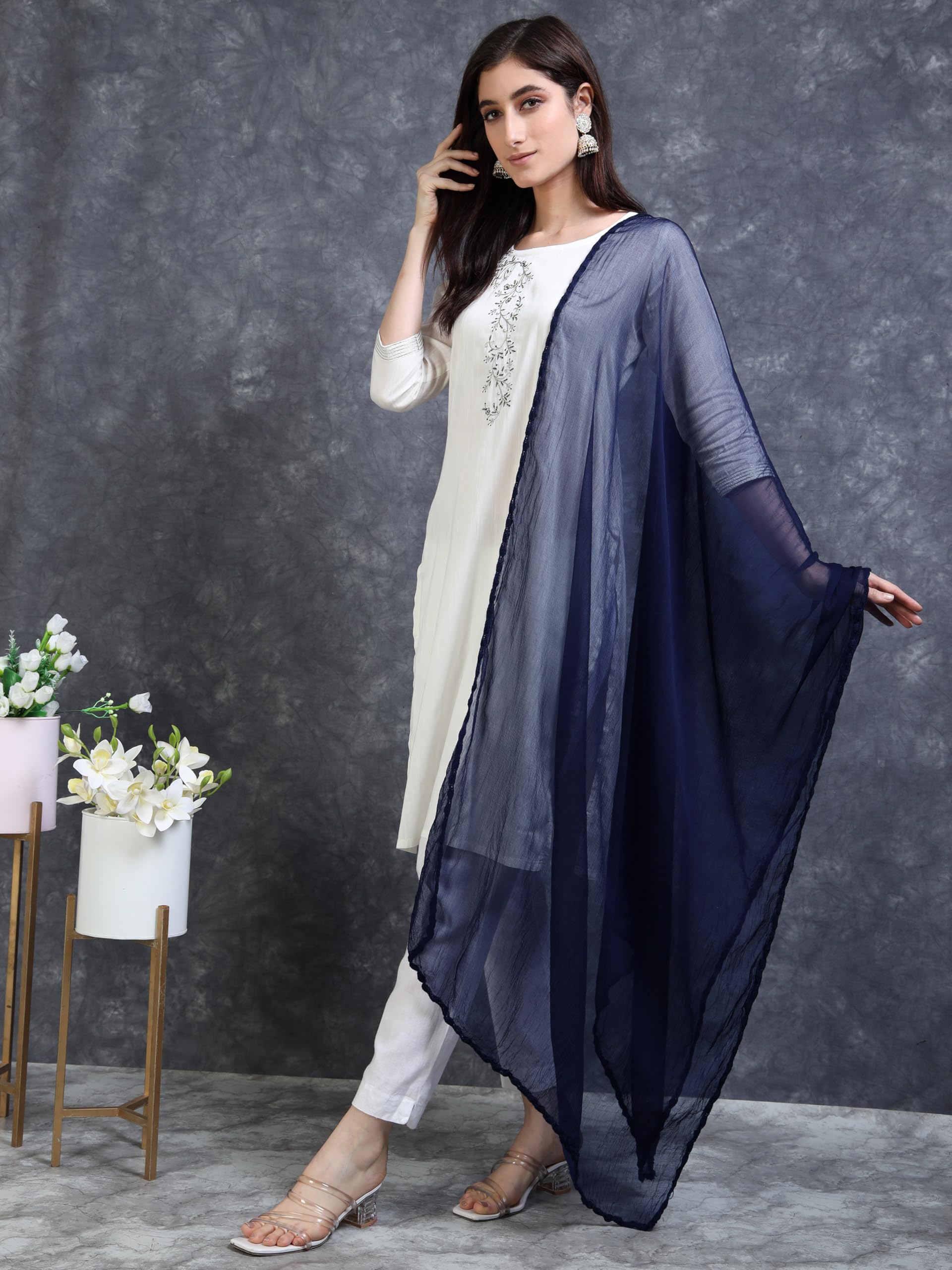 Miraan Women Pure Chiffon Solid Dupatta With Woven Border, 2.25 Meters Length (Chiffdupnavyblue17_Navy Blue), 2.25 mtr - Image 4 thumbnail