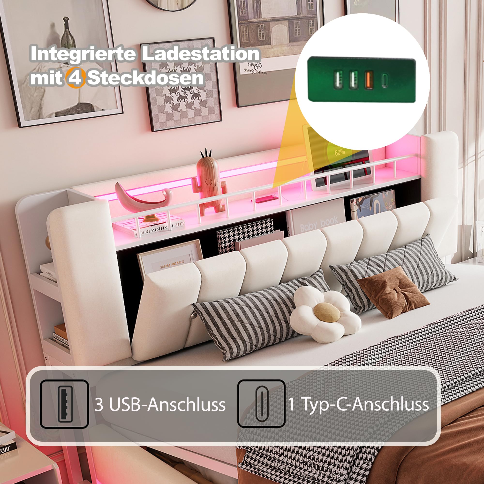 Letto imbottito intelligente con illuminazione a LED, spazio di archiviazione USB e idraulico, rivestimento in morbido velluto e telaio in metallo (beige, 180 x 200 cm)