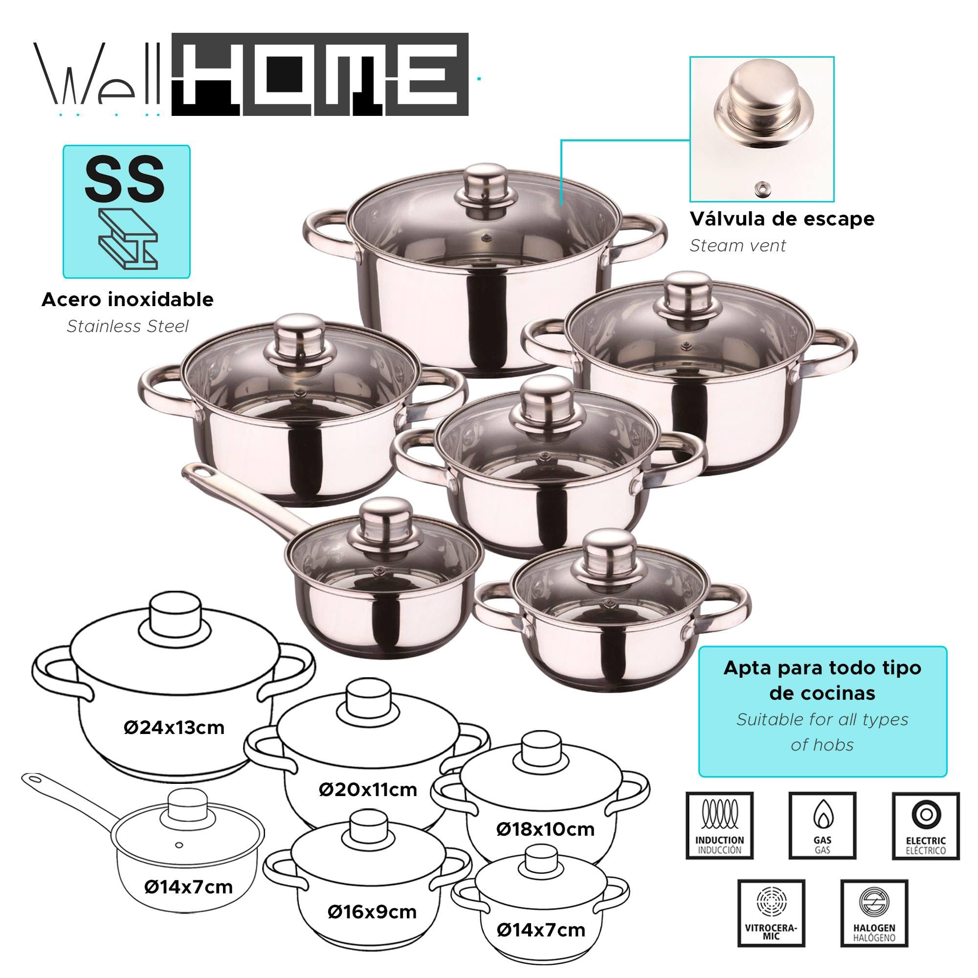 Well Home Set de Batería de Cocina de 12 Piezas y Sartenes en Acero inoxidable Ø20 Ø24 y Ø28 x5cm, Aptas para inducción y SIN antiadherente