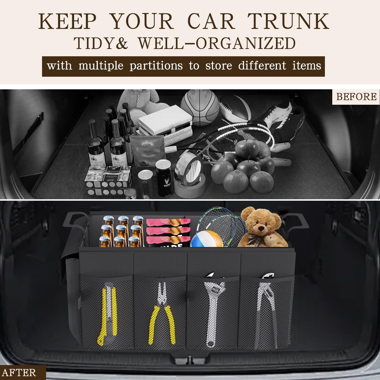 Xasbseulk Organizer per bagagliaio auto, pieghevole, multi scomparti, pieghevole, con 2 cinghie di fissaggio regolabili, organizer impermeabile per bagagliaio, per auto, SUV, camion