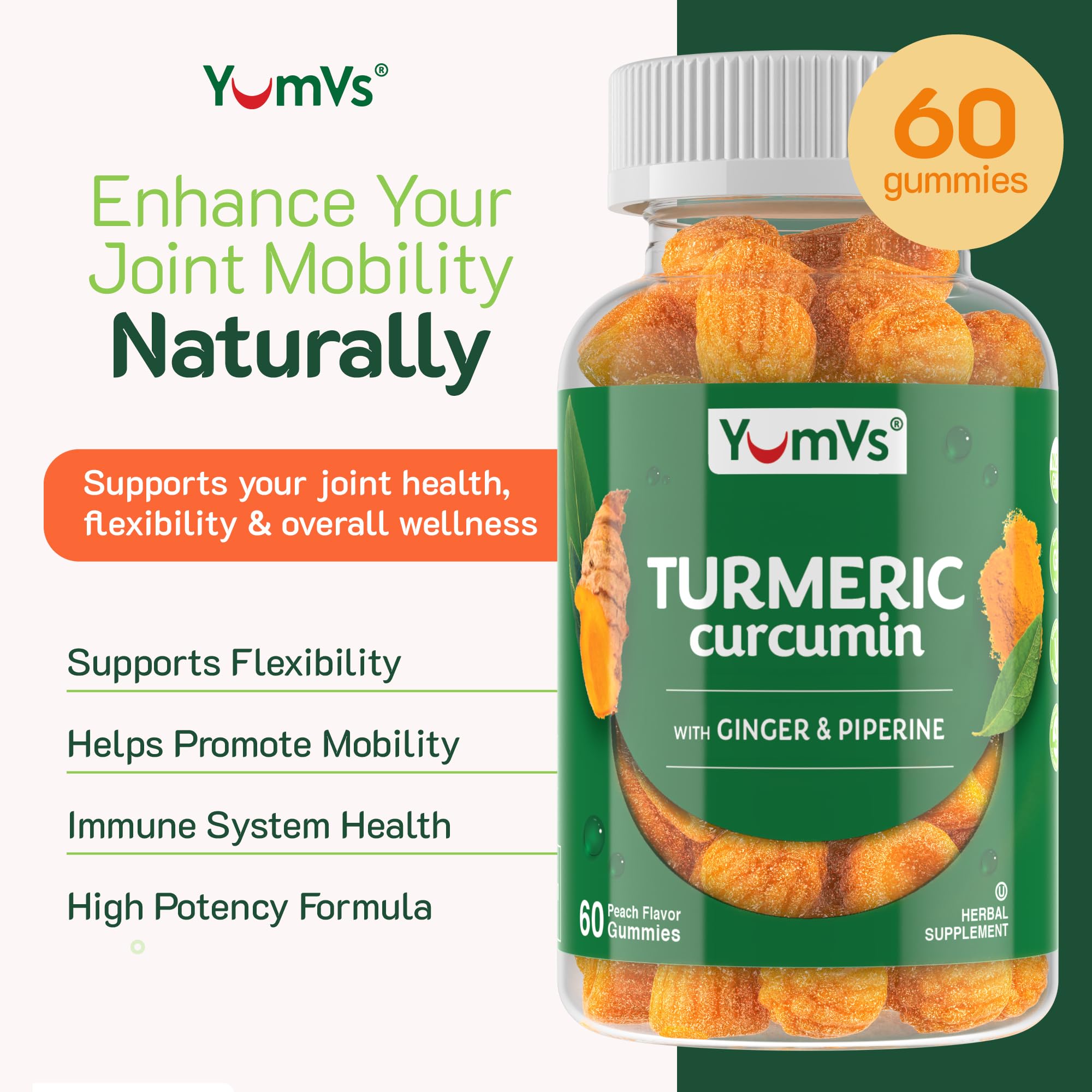 YUM-V'S Turmeric Ginger Gummies with Black Pepper, Peach (60 Count) — Amazon image 2