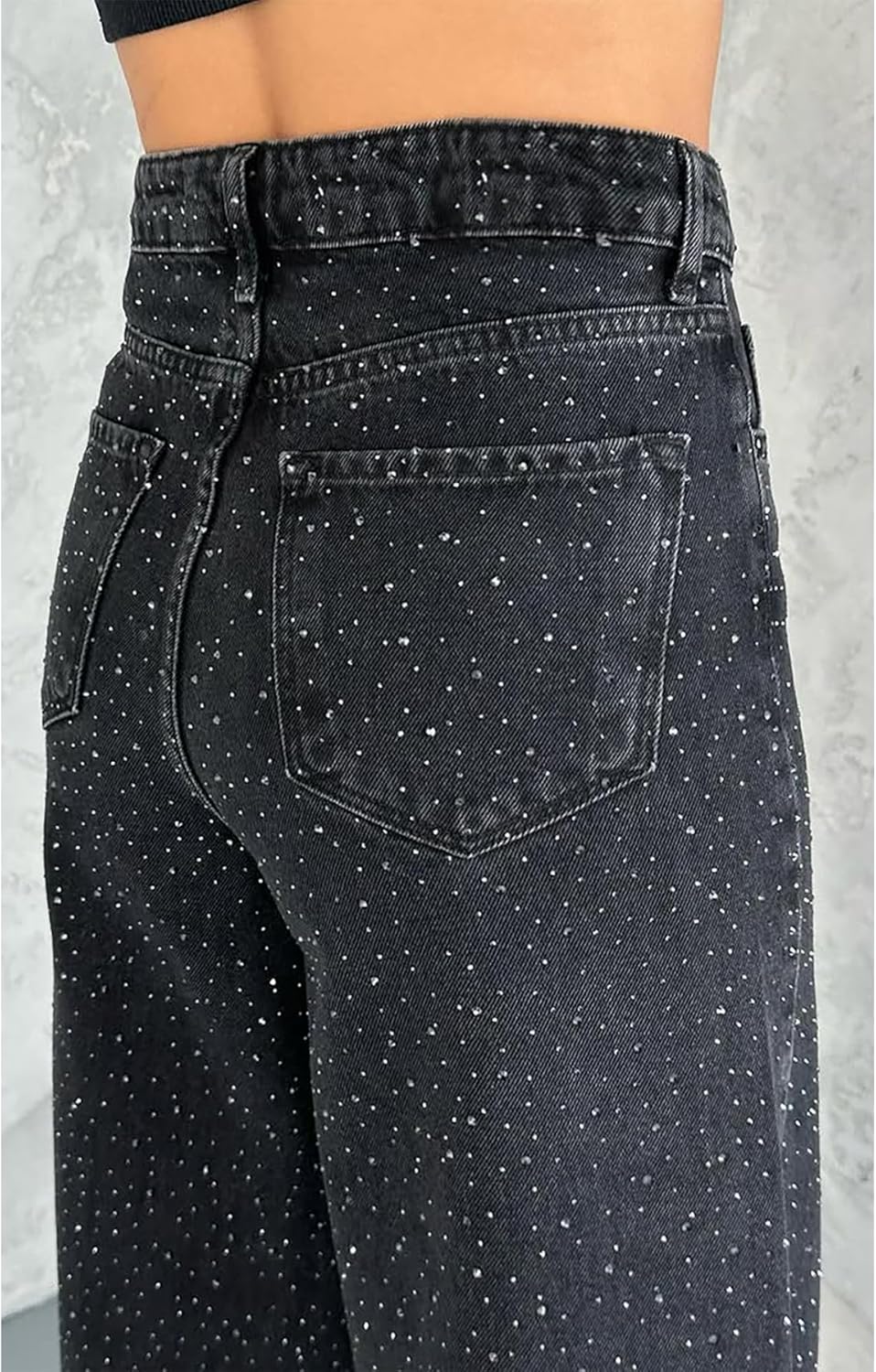 Famnbro Womens Rhinestone Jeans Baggy Y2K High Waisted Straight Wide Leg Sparkly Bling Glitter Denim Pants - Image 3