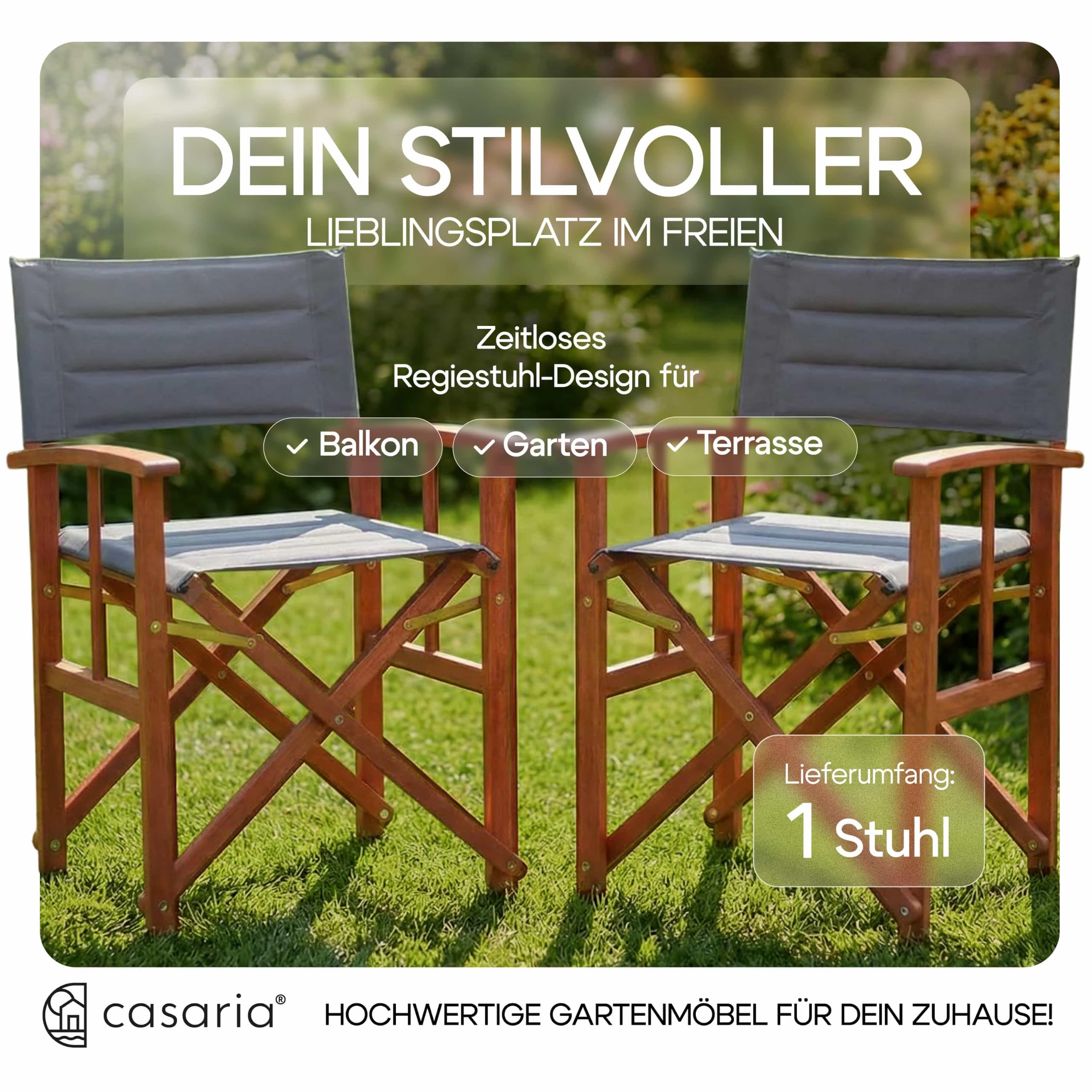 Casaria® Sedia da Regista Premium Imbottita Legno di Eucalipto Certificato FSC® Pieghevole Braccioli Tessuto Lavabile Capacità di Carico fino a 160kg Giardino Esterno Antracite