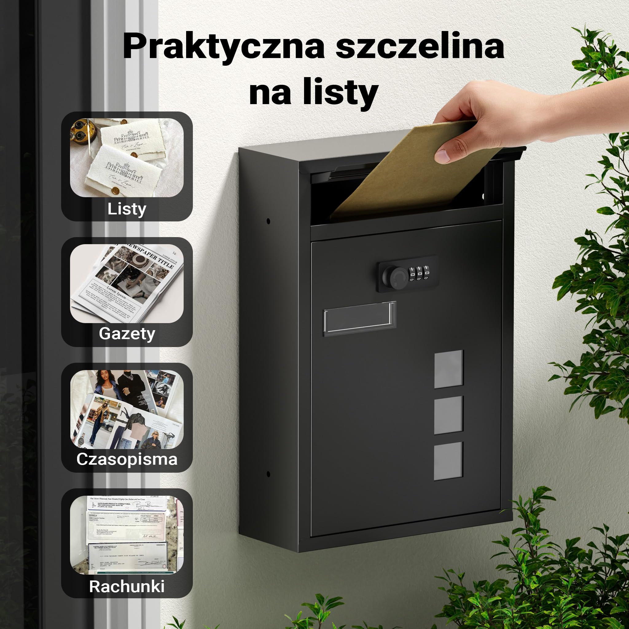 Wiltec Skrzynka na listy z zamkiem szyfrowym, imiennikiem i wizjerem, czarna skrzynka pocztowa do montażu na ścianie, stalowa, malowana proszkowo