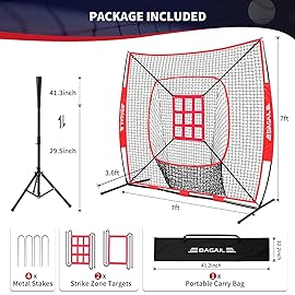 BAGAIL 7x7 ft Baseball & Softball Practice Net with Bow Frame for Batting, Hitting, Pitching, Portable Backstop Training Equipment with 2 Strike Zone, Tee, Carry Bag, Great for All Levels