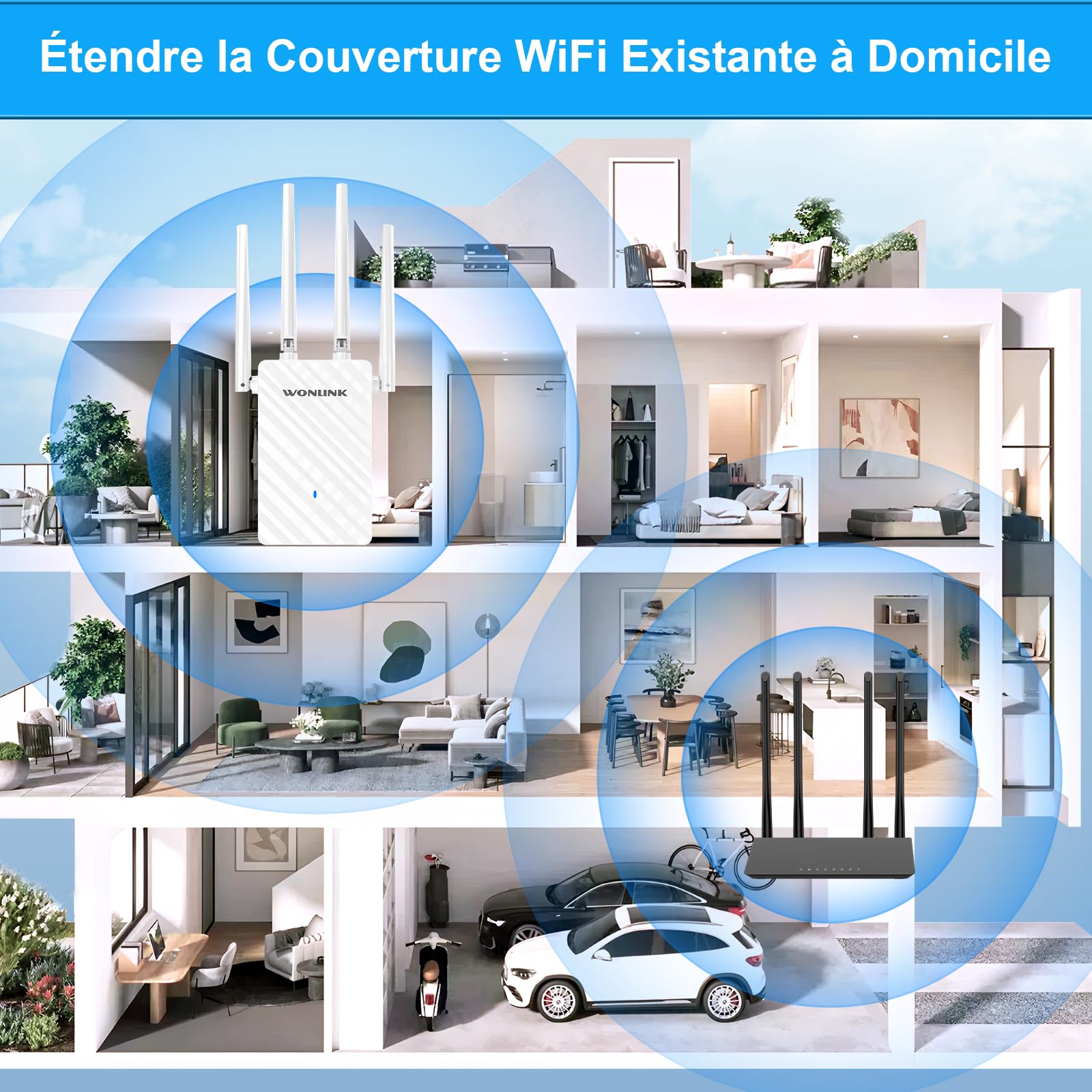 Répéteur WiFi Puissant AC1200 Mbps, Amplificateur WiFi Puissant Double Bande WiFi Extender avec 4 Antennes, Port Ethernet, Couvre jusqu'à 100 m², Compatible avec Toutes Les Box Internet