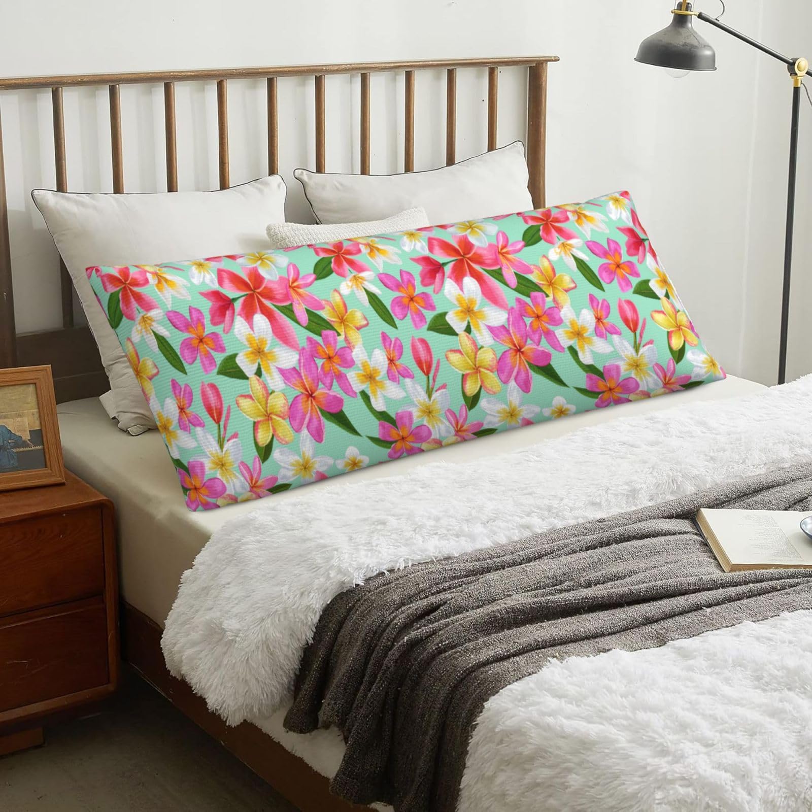 Watercolor Tropical Flowers Floral Plumeria, Body Pillow Cover with Zipper,Long Body Pillowcase 20 x 60 in