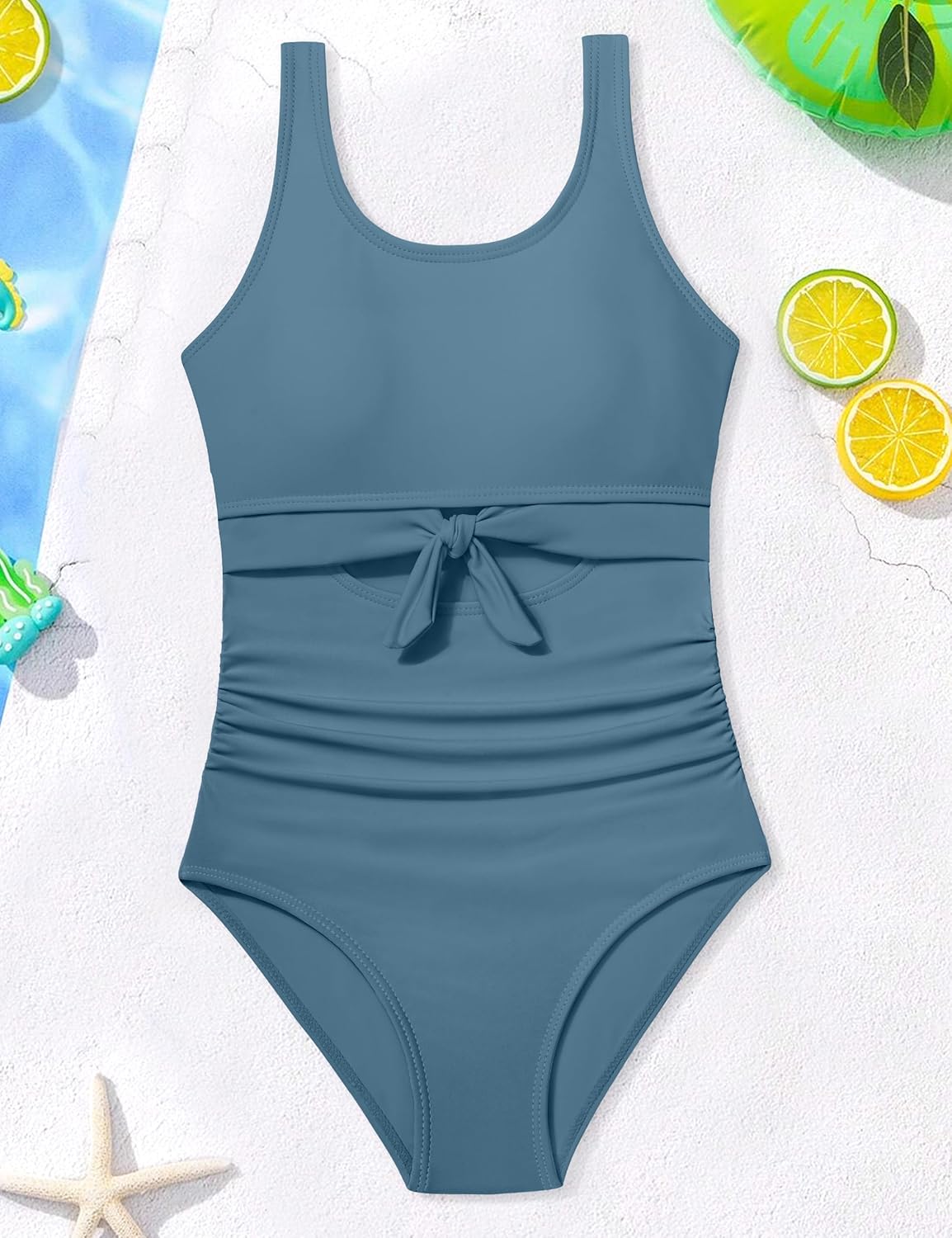 Qaoerde Girls Swimsuit One Piece Swimsuits Cutout Ruched Bathing Suits Tie Adjustable Straps Girls' Swimwear 9-16Y - Image 7