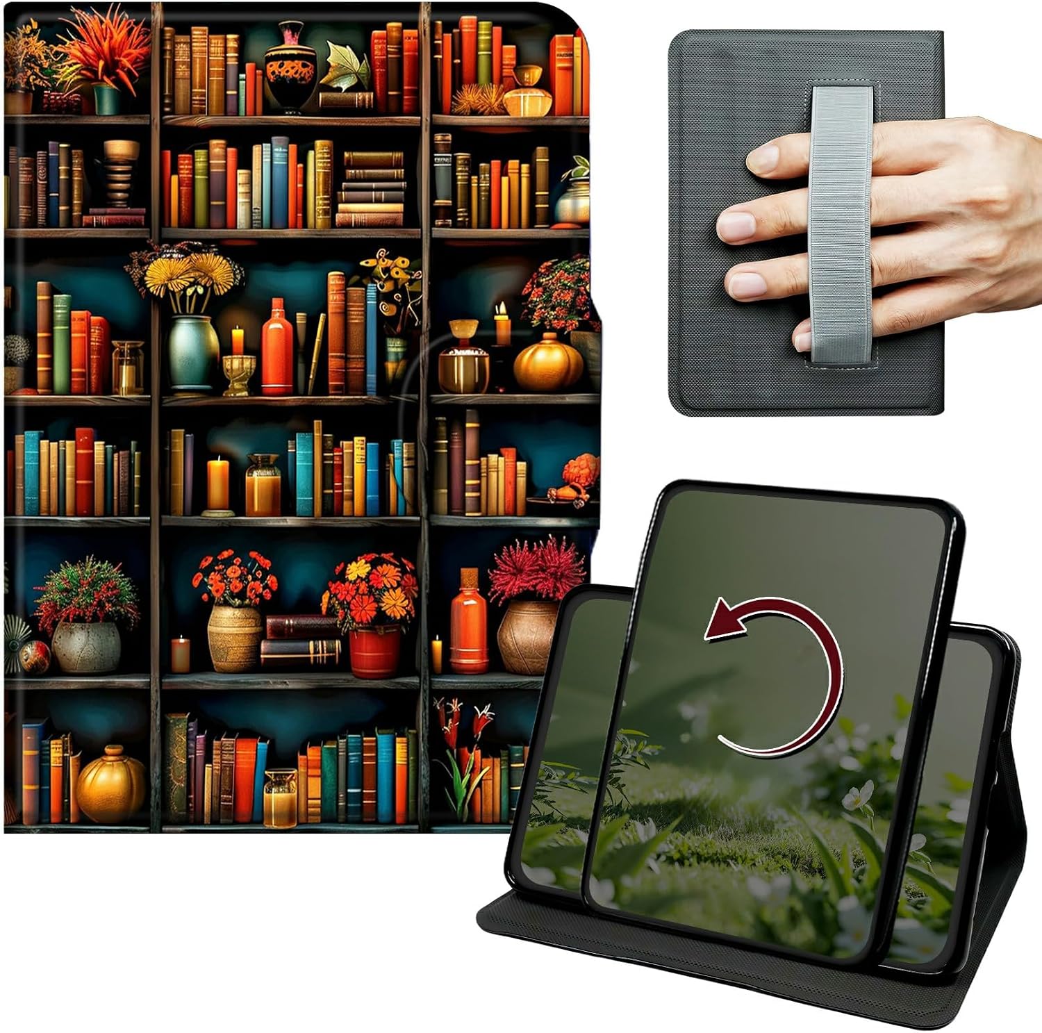 Case for Samsung Tab A11 8.7" 2025/Galaxy Tab A9 8.7 Inch 2023, 360 Degree Rotation Lightweight PU Leather Stand Cover with Hand Strap for Women Men Business Travel, Library