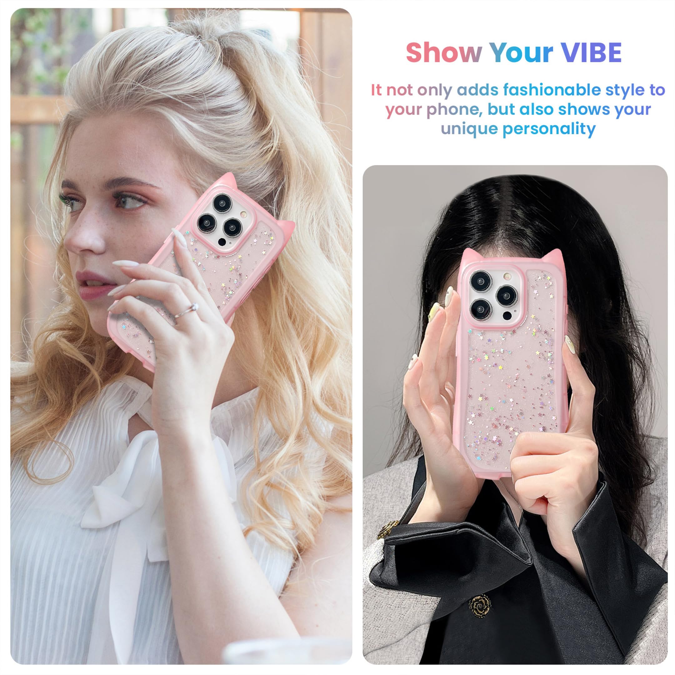 UEEBAI Case for iPhone 15 Pro Max 6.7 inch, Cute Glitter Bling Shine Candy Color Cat Shape Soft TPU Phone Case - Image 4
