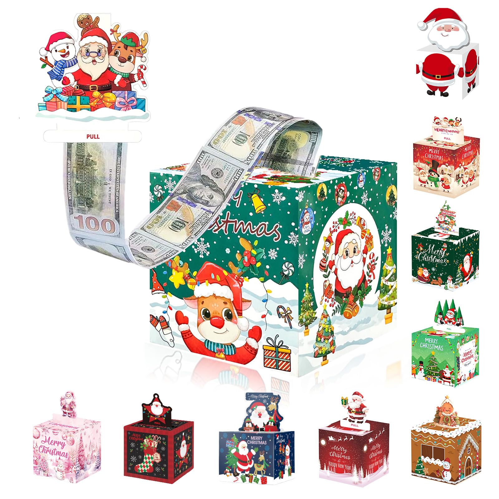 Christmas Money Box for Cash Gift,Christmas Pull Surprise Money Gift Box for Kid/Adult Presents,Money Cake Pull out Cash with Xmas Card and 50P Bags,Money Reveal Boxes Xmas Party Money Boxes for Cash