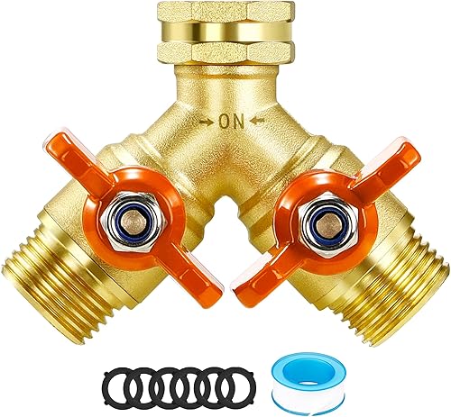 IPOW Divisor de manguera de jardín de flujo completo mejorado con mango de acero inoxidable, latón resistente de 2 vías, divisor de manguera de