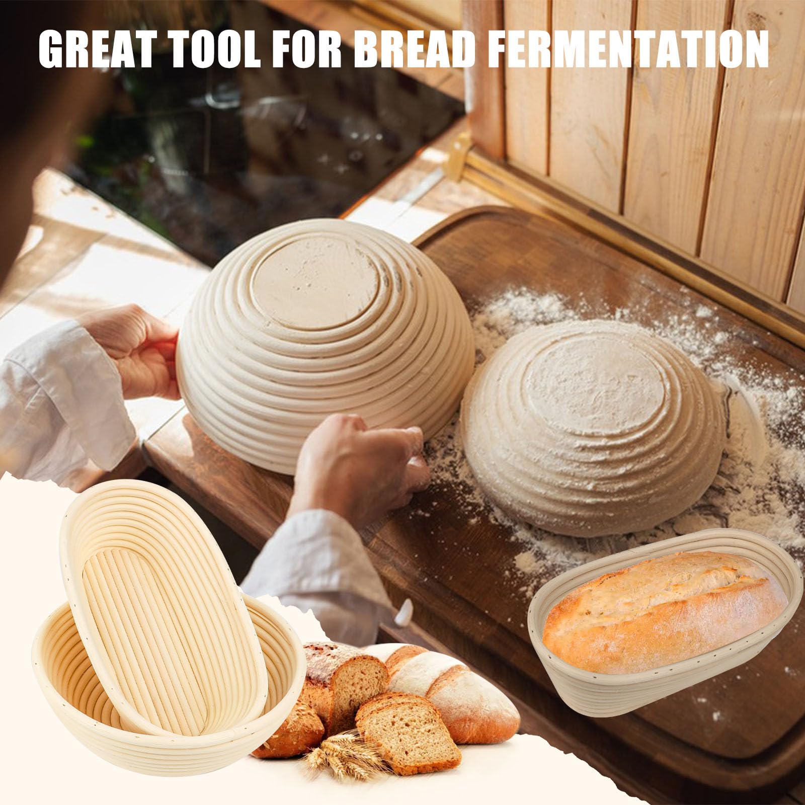Cestino da Lievitazione per Pane, Cesto Lievitazione Pan in Rattan Naturale, 25cm Ovali e 23cm Rotondi Cestino Pane con Fodera in Lino, Frusta per Taglierino da pane+Raschietto Metallico