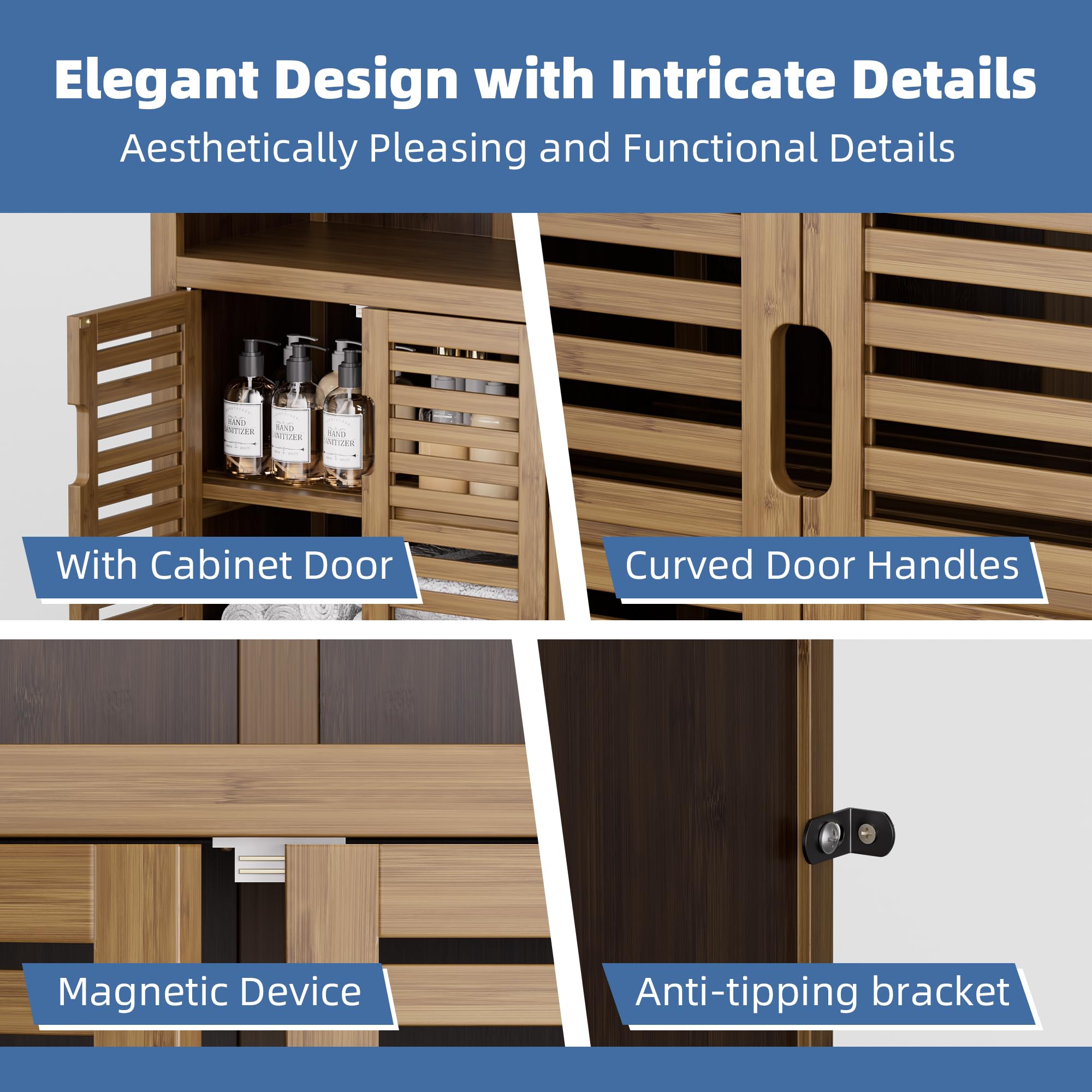 HITNET Mobiletto Bambu Bagno, Armadietto Bagno da Terra, Mobile Bagno Basso con Ripiani Rimovibili e Compartimento Aperto, adatto per Soggiorno, Cucina e Corridoio, Noce