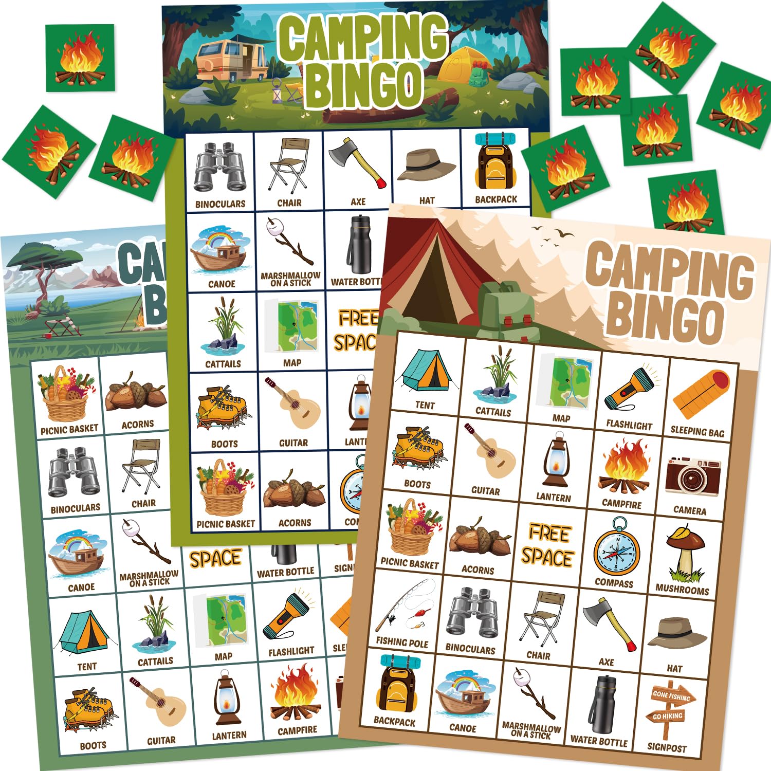 DFXIU Camping Bingo Game Cards with 24 Players Camp Adventure Party Games Forest Jungle Bingo Cards for Family Friends Activities (Camping Bingo Cards)