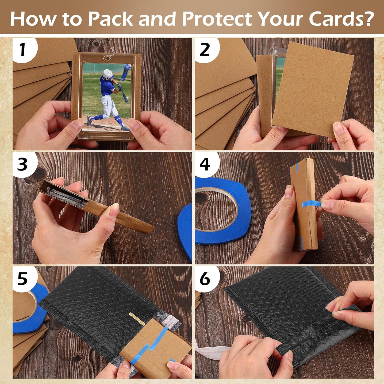 Tatuo 151 Pcs Trading Card Shipping Protector Set Include 100 Corrugated Cardboard Sheets Inserts 50 Poly Bubble Mailers Padded Envelopes and Masking Tape for Trading Card Packaging(Thank You)