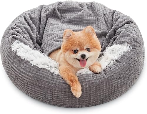 MIXJOY Cama pequeña para perros y gatos con manta adjunta, camas redondas con capucha acogedoras tipo cueva para perros pequeños, cama de felpa