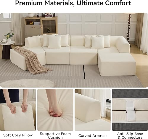 Miniatura 5 de Sofá seccional curvo de terciopelo nube extragrande de 140'', sofá sin estructura con chaise longue en forma de L, sofá seccional modular tapizado