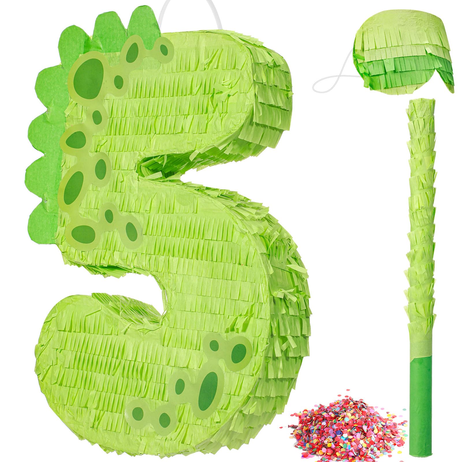 16 Inch Dinosaur Pinata Number Pinata for Boys Birthday Party Supplies with Bat and Eye Mask for Dinosaur Birthday Party Dino Decorations, Animal Theme Party Supplies (5)