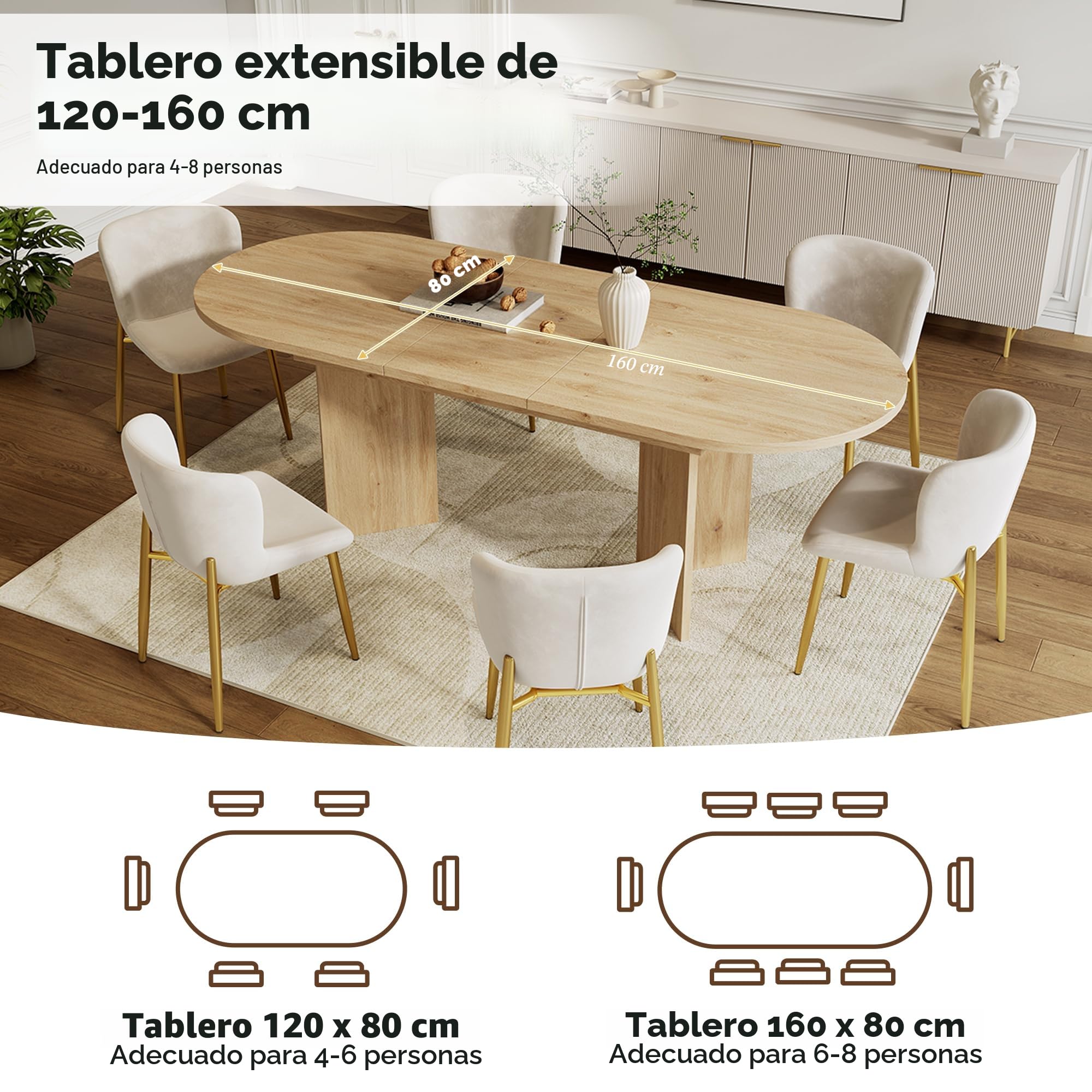 Mesa De Comedor Extensible, Mesa De Cocina Plegable Ovalada Para 4-6 Personas, Mesa De Comedor Gruesa De Madera En Color Roble, 120/160 X 80 Cm