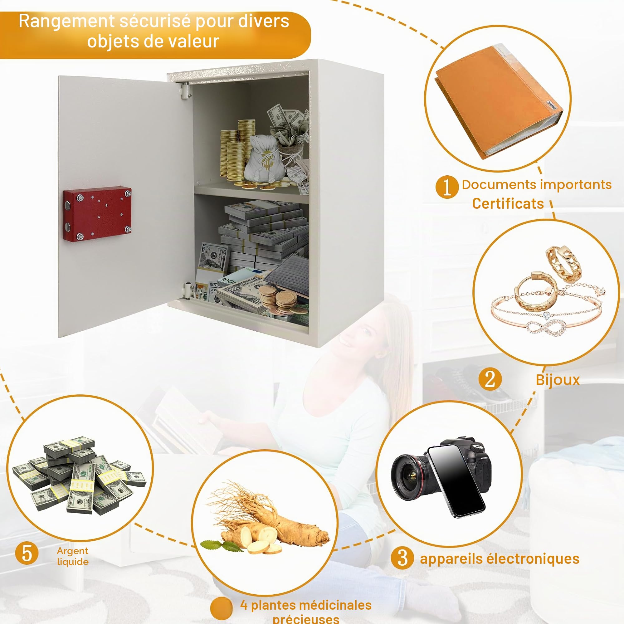 Tresor Coffre-fort ignifuge et étanche (35 x 31 x 50 cm – XL) avec 2 clés – Armoire à monnaie pour argent, bijoux, médicaments, coffre-fort de meubles comme coffre-fort mural ou au sol