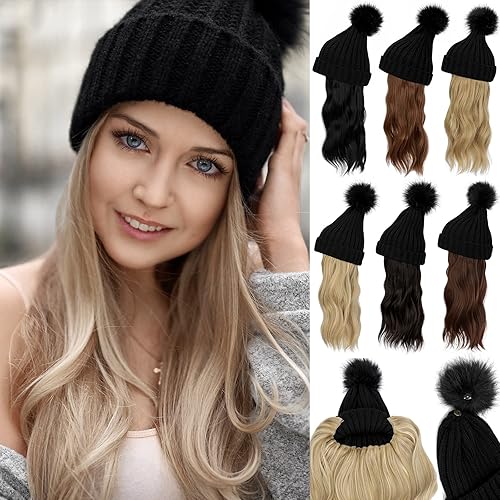 Qlenkay Gorro con extensión de cabello de 14 pulgadas, peluca ondulada y rizada, gorro de punto acanalado, postizo sintético desmontable con pompón