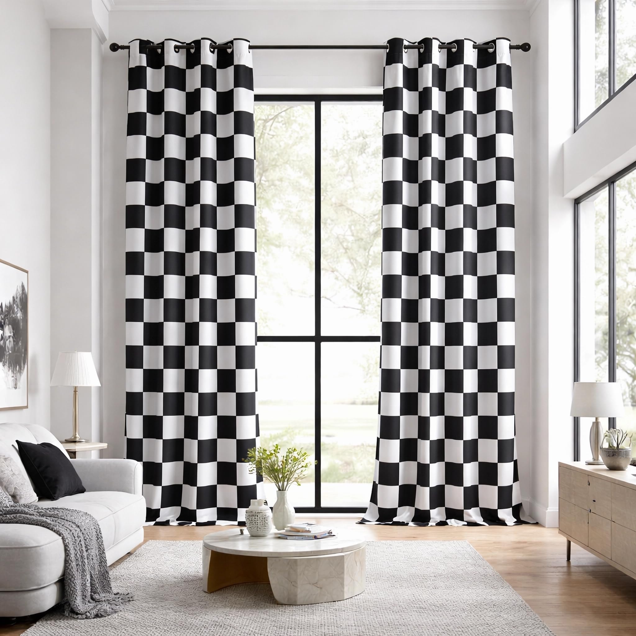 BOHOMOCASA 100% Blackout Curtains – Black and White Checkered Race Flag Pattern, 2 Panels, Each W52×L120, Thermal Insulated, Nosie Reducing for Bedroom, Living Room, Race car Drapes — image 1