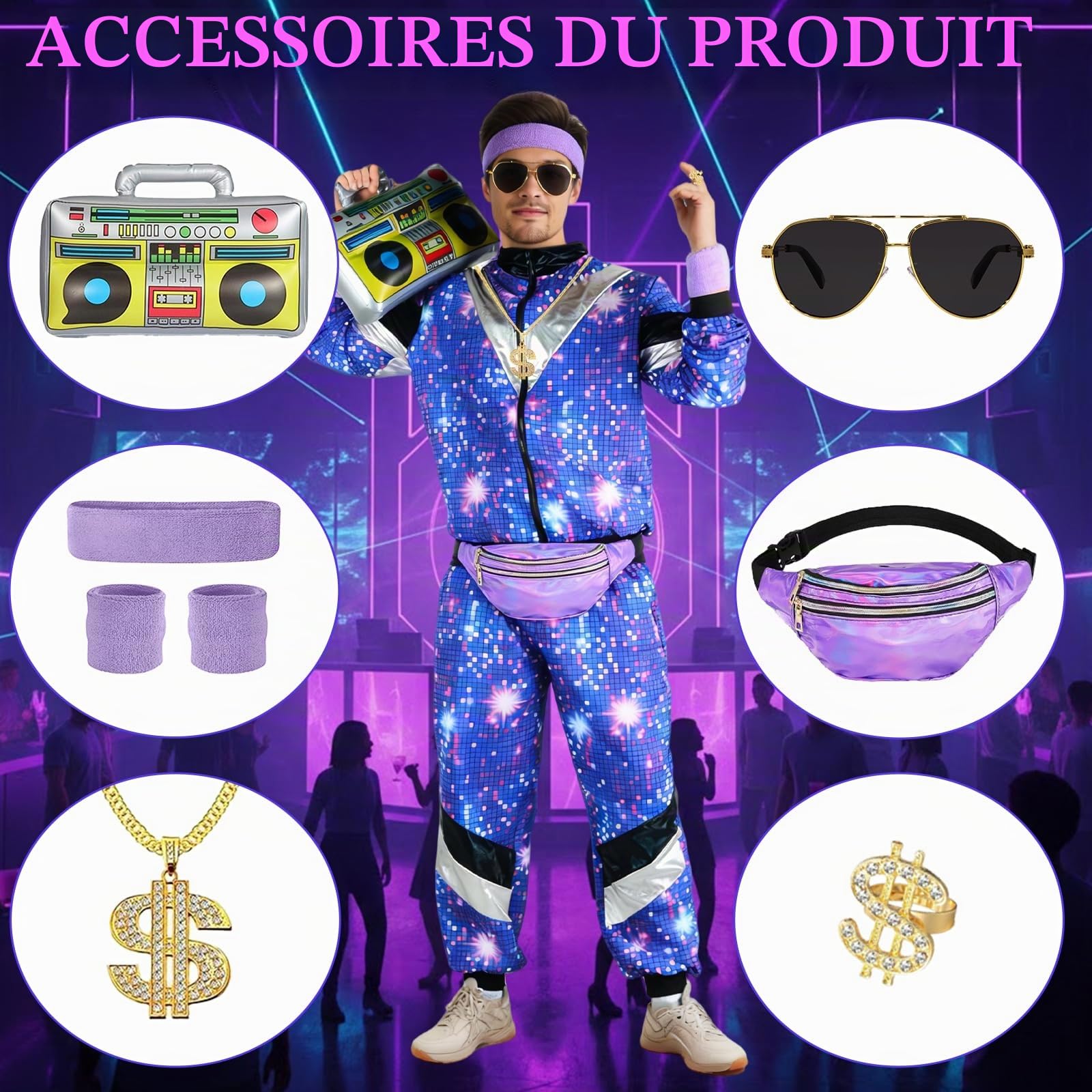 Déguisement Année 80 Homme Femme Costume Années 80 Survêtement Rétro Avec Veste Et Pantalon, Déguisement Année 80 90 Accessoire Deguisement Disco pour Carnaval, Soirée Deguise, Jogging
