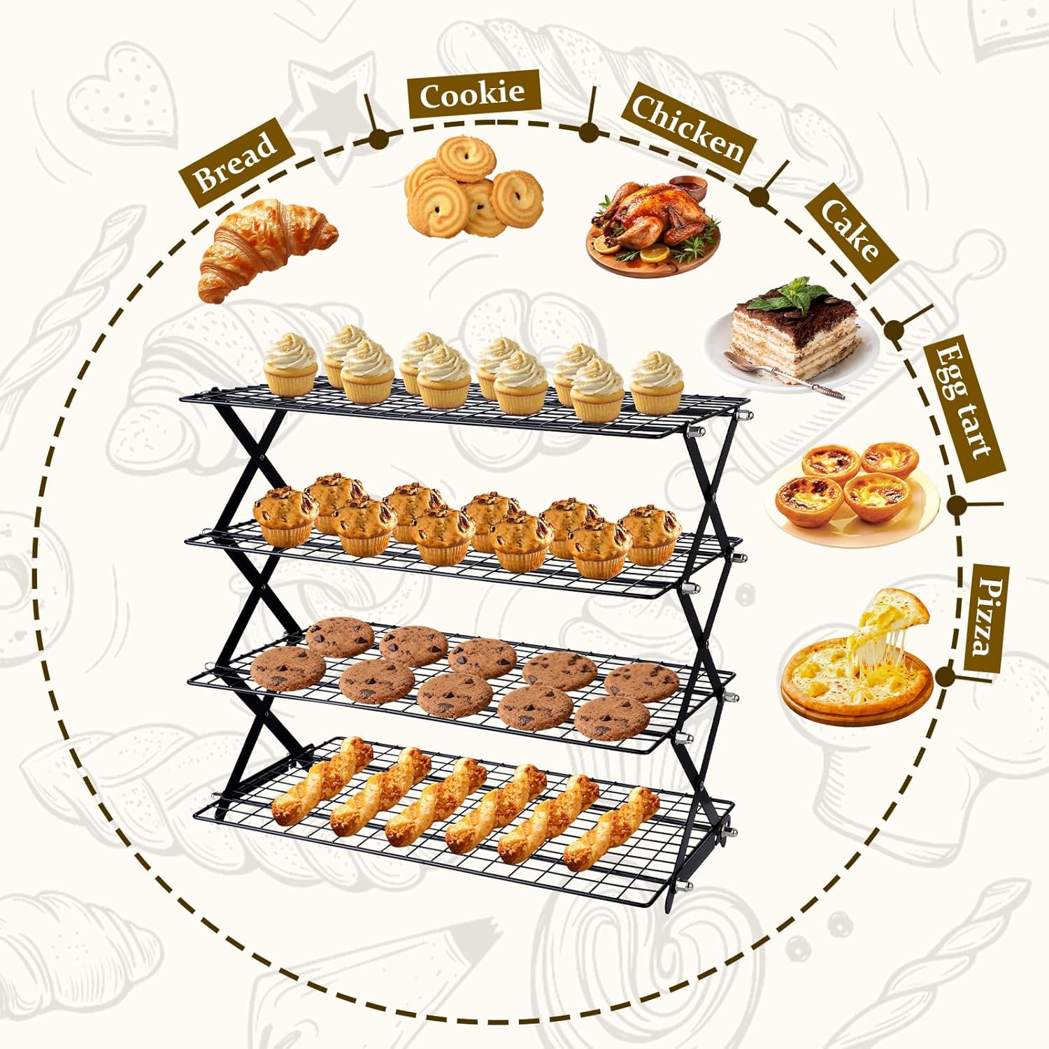 4 Tier Collapsible Cooling Rack, Adjustable Stackable Stainless Steel Baking Rack with Leak-Proof Mesh & X-Shaped Structure, Dishwasher Safe for Cookies, Bread, Pastries